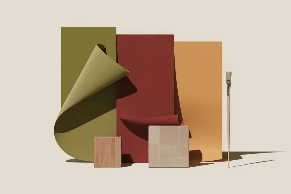 Curved and flat color samples in olive, burgundy and ochre beside small material swatches.