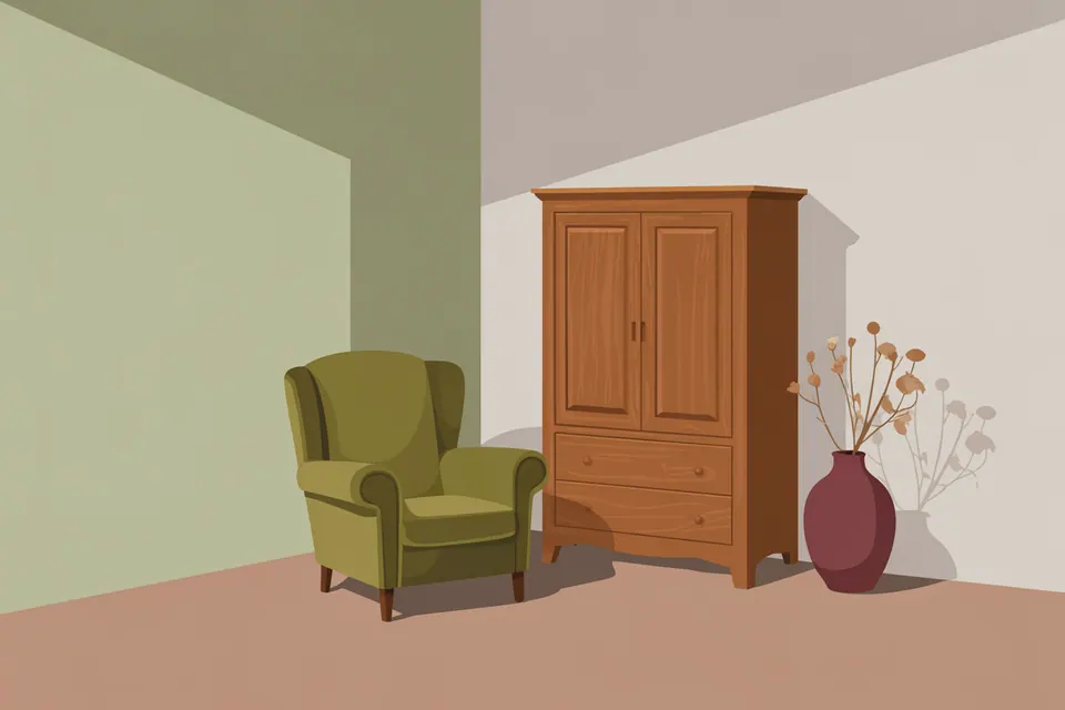 An olive armchair, a wooden cabinet and a burgundy vase in a softly lit room.