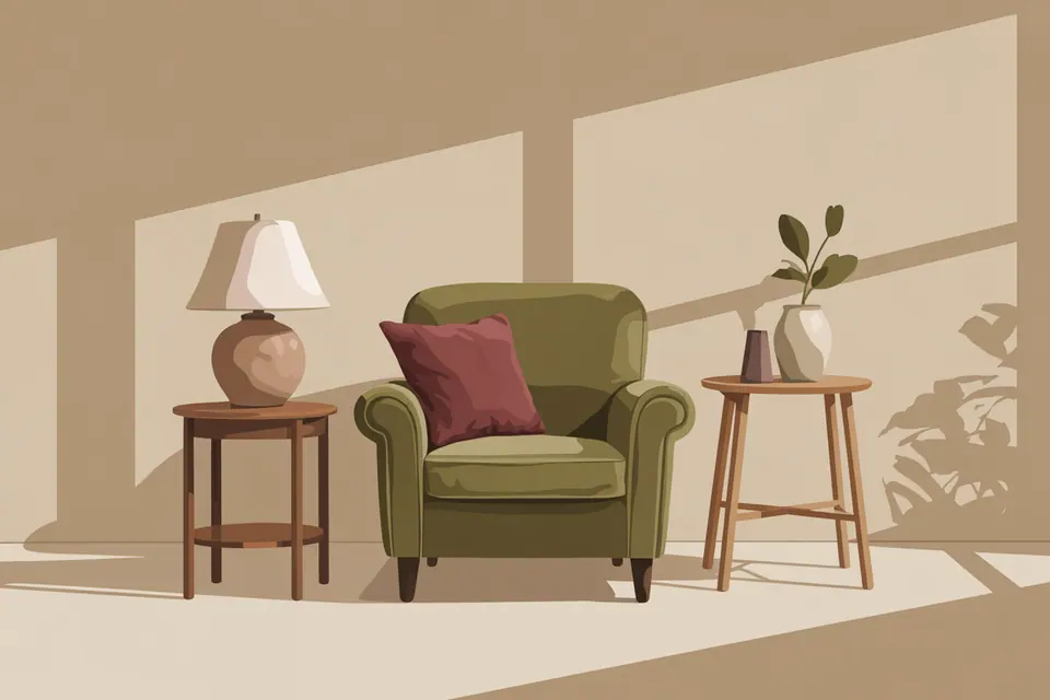 An olive armchair with a burgundy cushion beside a table lamp and a plant on a stool.