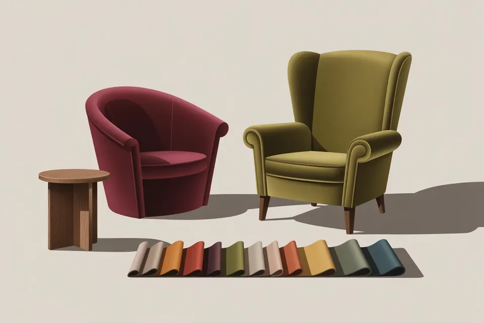 Burgundy and olive armchairs behind a row of color swatches.