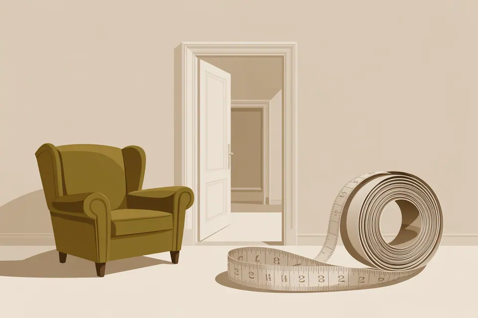 An olive armchair beside an open doorway and a coiled measuring tape.