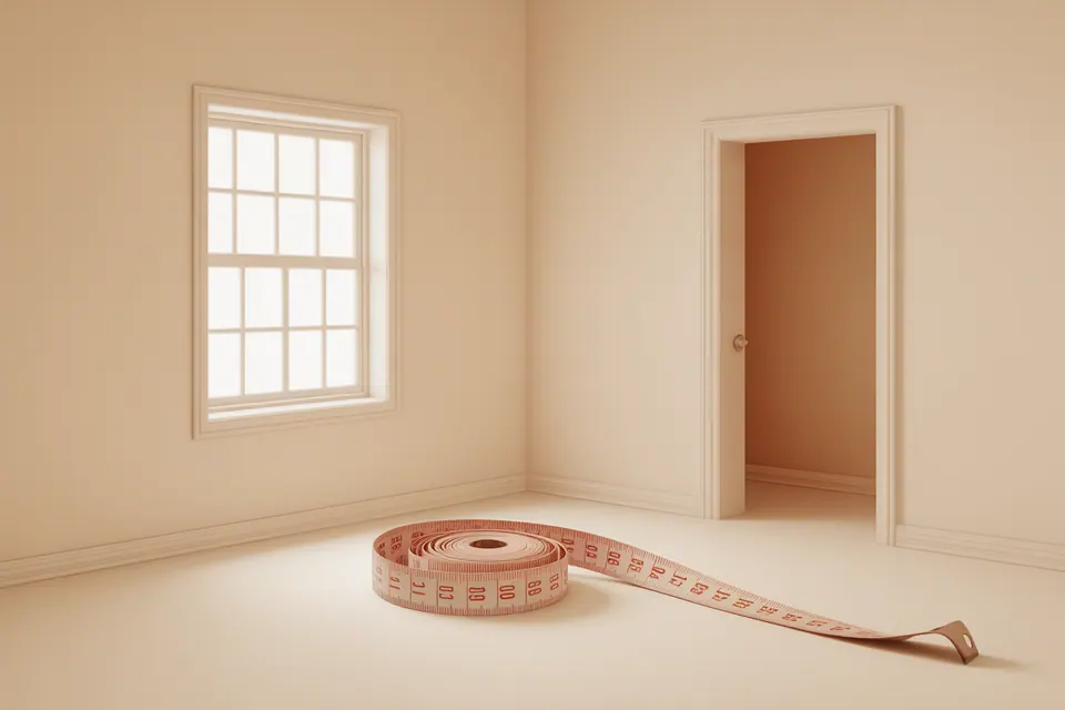 A coiled measuring tape in an empty room with a window and doorway.