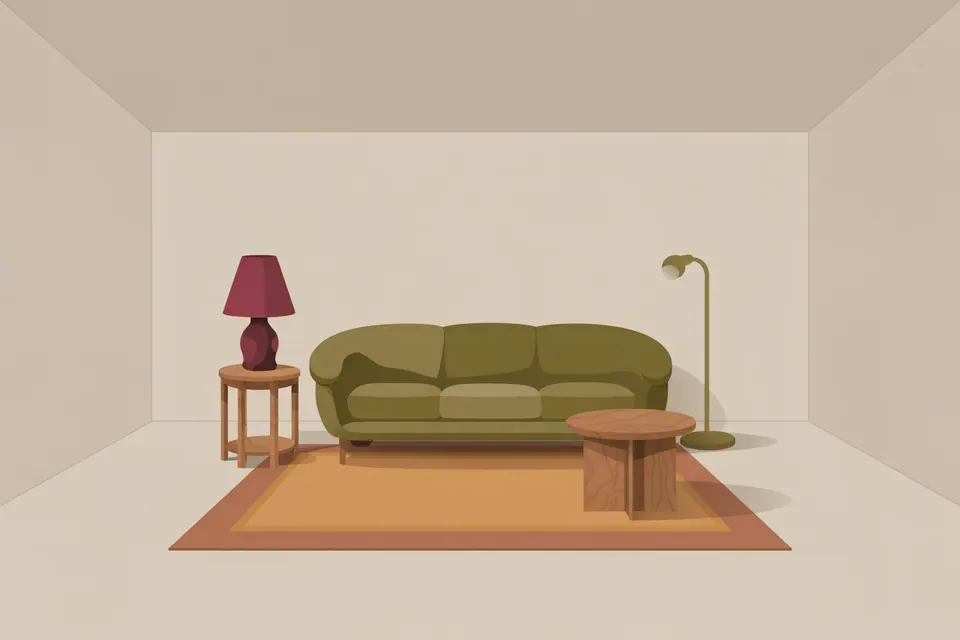 An olive sofa, lamps and a low wooden table arranged around a rectangular rug.