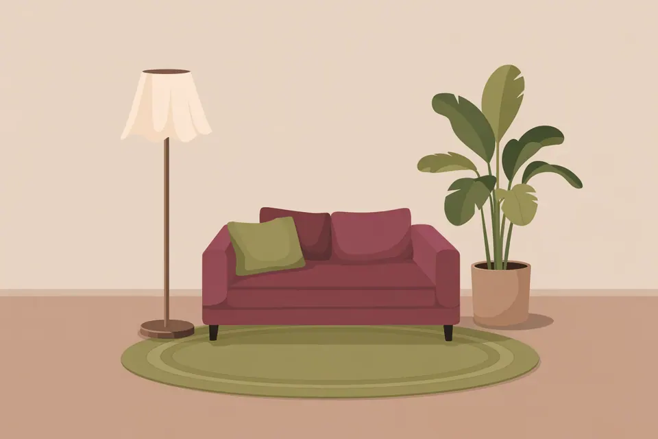 A burgundy sofa with a green cushion beside a floor lamp and a potted plant.