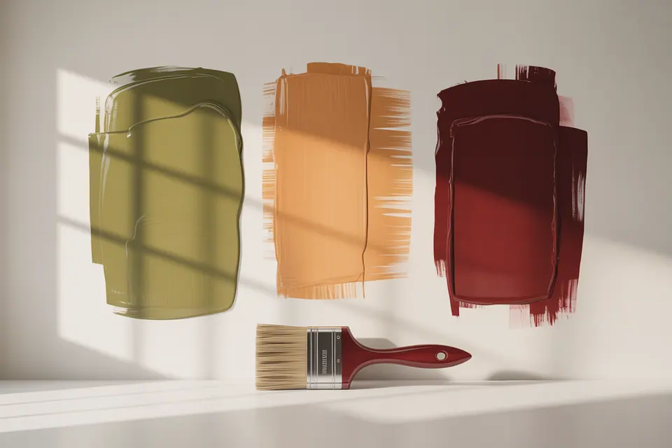 Olive, ochre and burgundy paint swatches on a sunlit wall above a paintbrush.