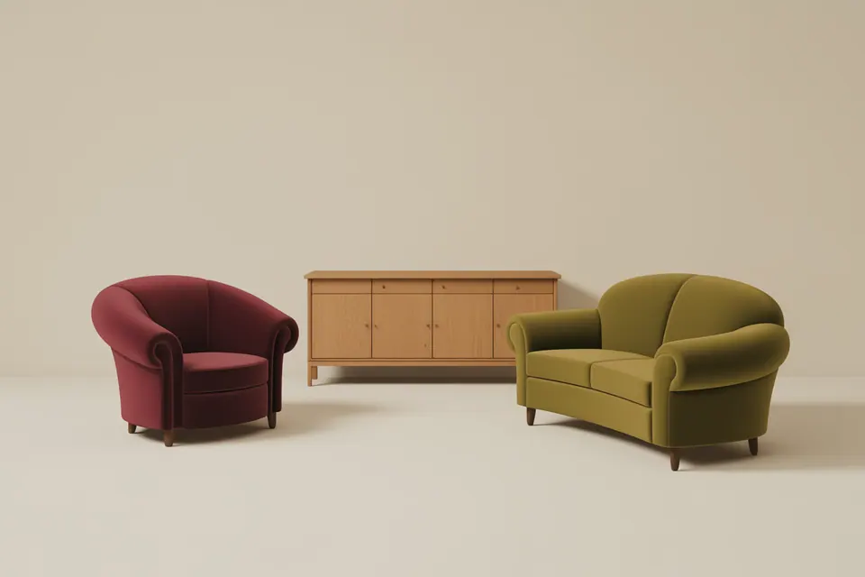 Burgundy and olive armchairs placed on either side of a wooden sideboard.