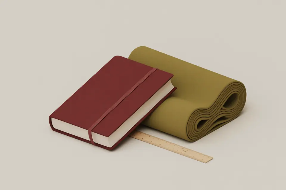 A closed burgundy notebook beside rolled olive fabric and a wooden ruler.