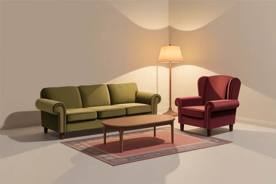 An olive sofa and a burgundy wingback chair around a wooden table, with a floor lamp and rug.