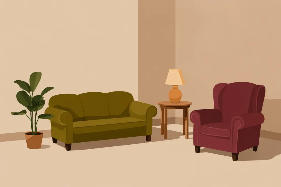 An olive sofa and a burgundy armchair beside a table lamp and a potted plant.